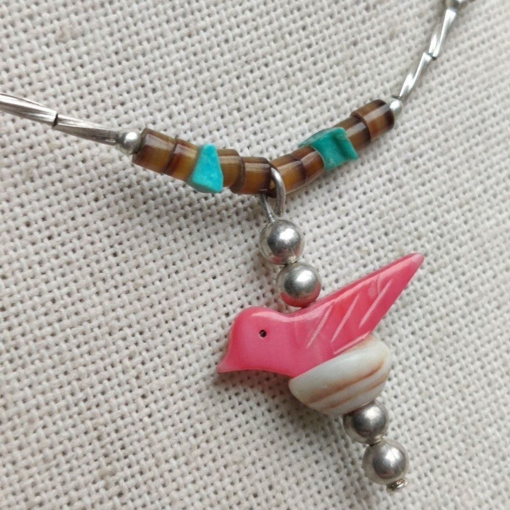 Sterling Native Turquoise And Coral Bird Fetish Heishi Bead Necklace - Picture 5 of 5